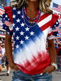 Women's patriotic 250th anniversary printed flag ruffled sleeve top