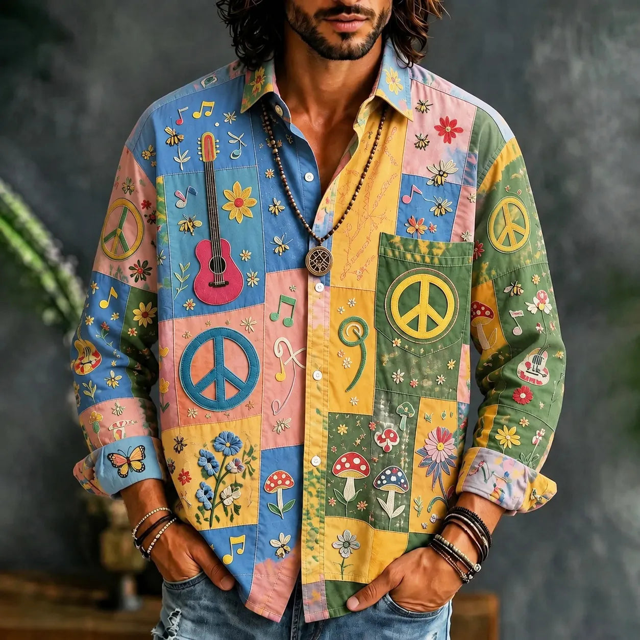 Men's Peace Sign And Guitar Hippie Patchwork Print Long Sleeves Shirt