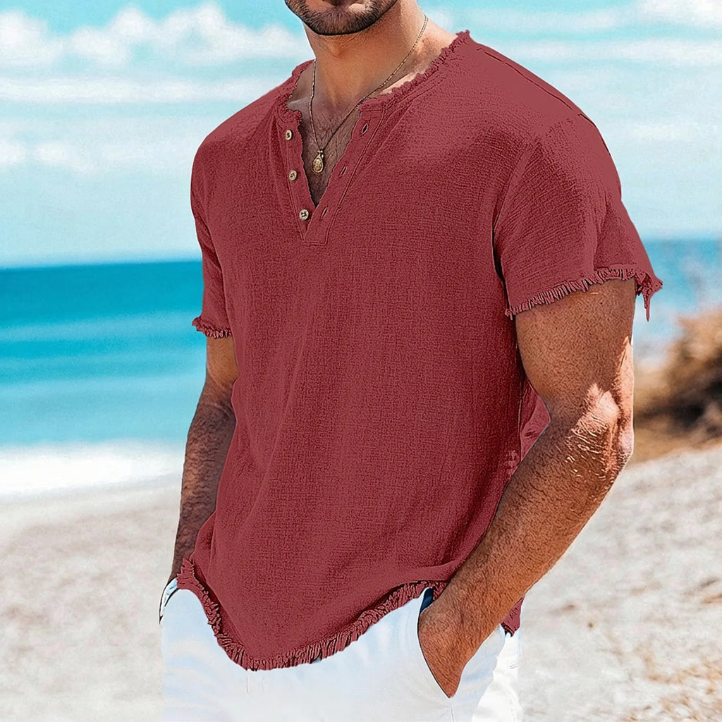 Men's Raw-Edge Cotton-Linen Henley Top