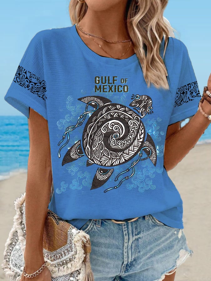 Women's Waffle Mexican Turtle Print T-Shirt