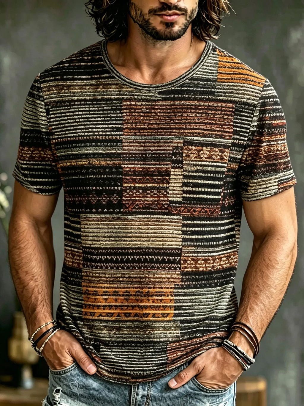 Men's Retro Geometric Striped Textured Art Print Casual T-shirt