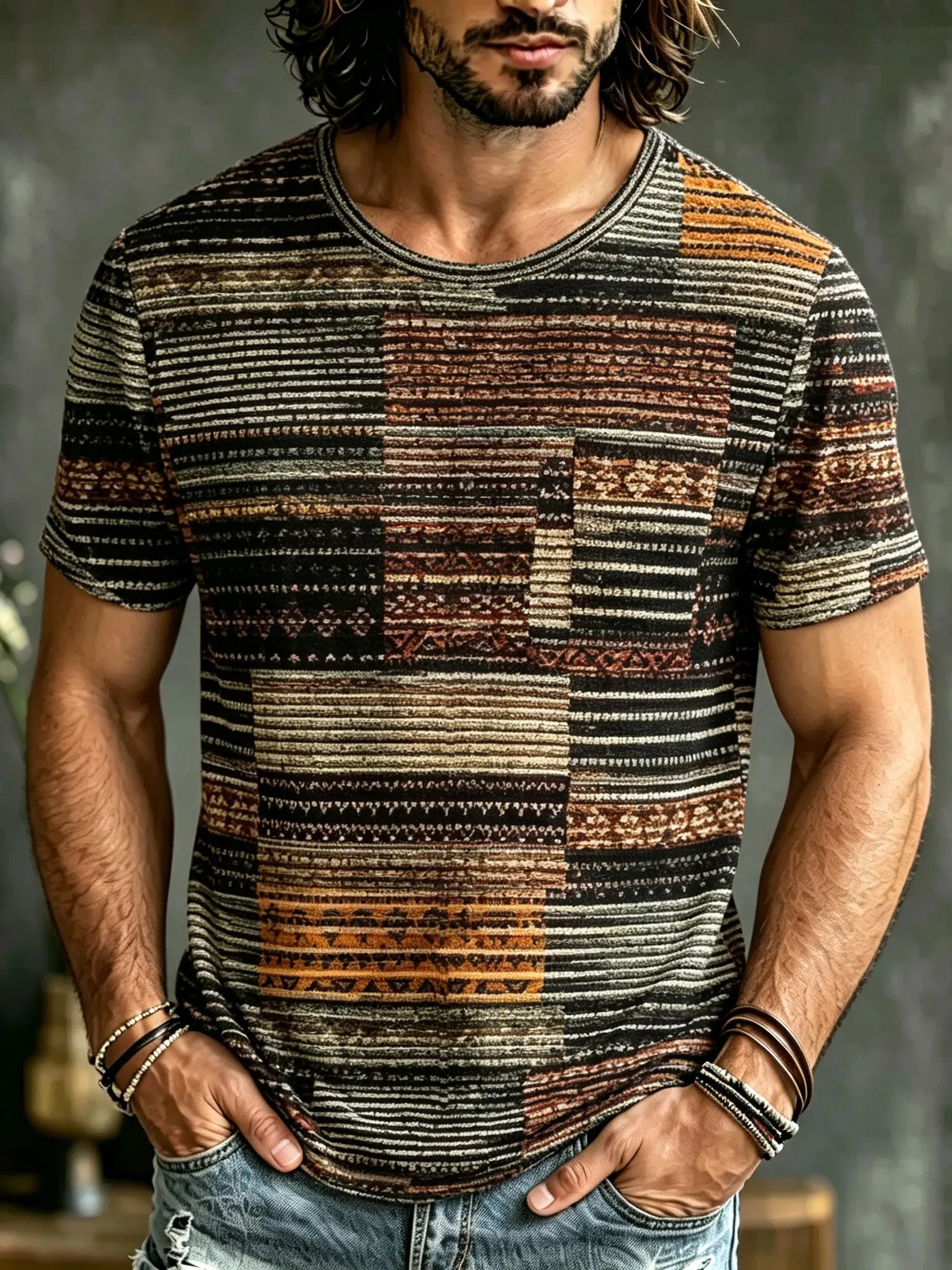 Men's Retro Geometric Striped Textured Art Print Casual T-shirt