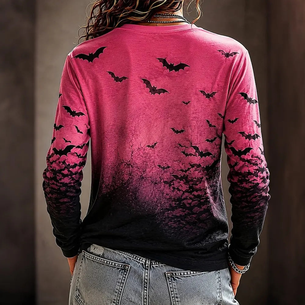 Women's Pink Halloween Witch Bat Black Cat Print Crew Neck Long Sleeve T-shirt