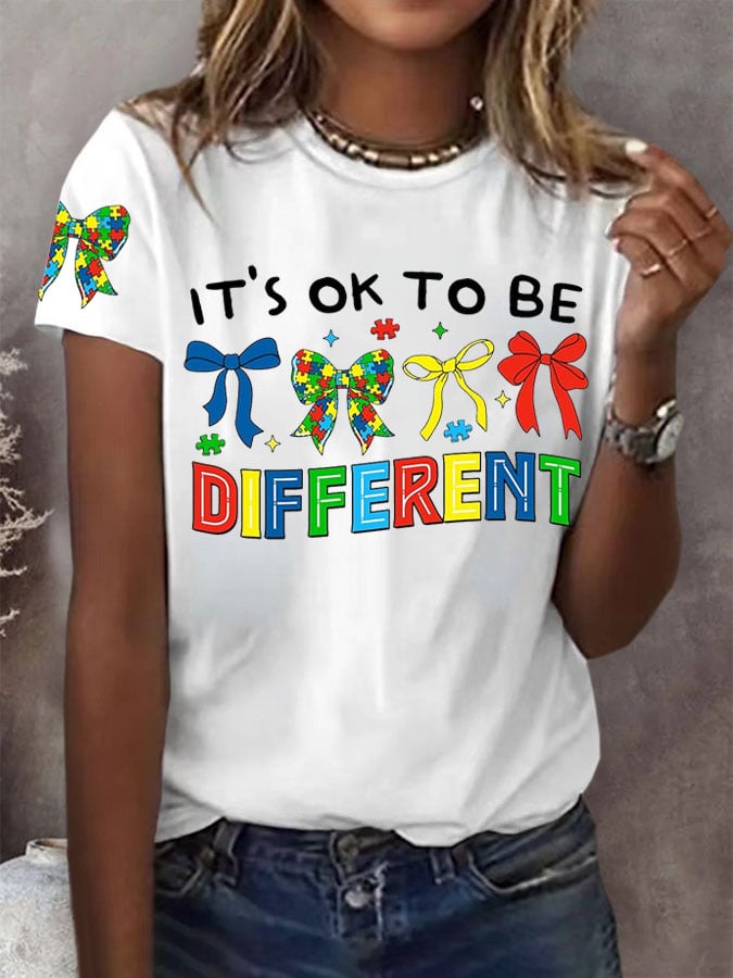 Women's It'S Okay To Be Diffrent Autism Awareness Printed Short-Sleeved T-Shirt