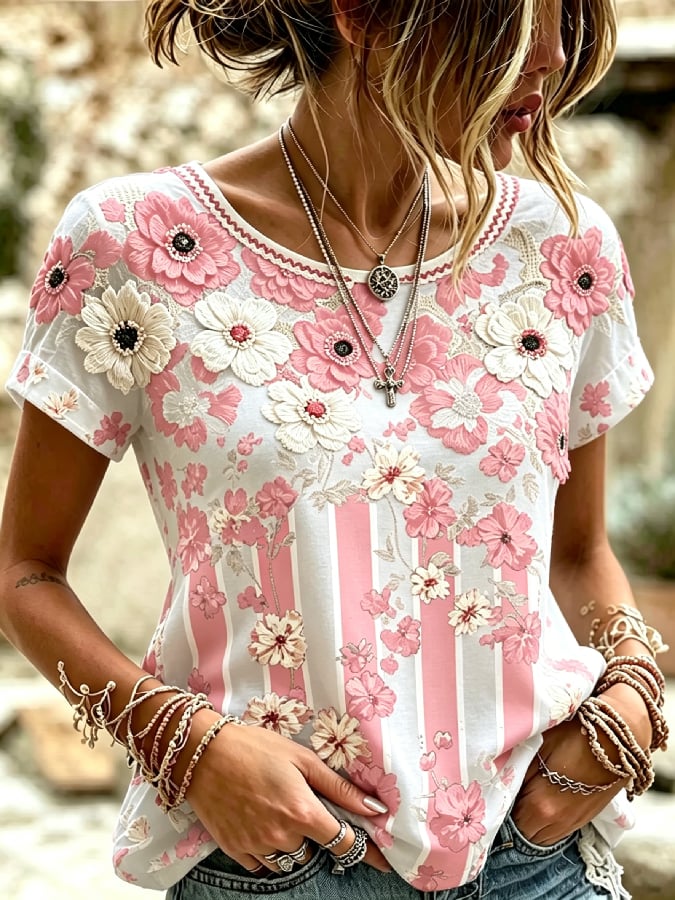 Women'S Casual Pink Floral Print Short-Sleeve Top