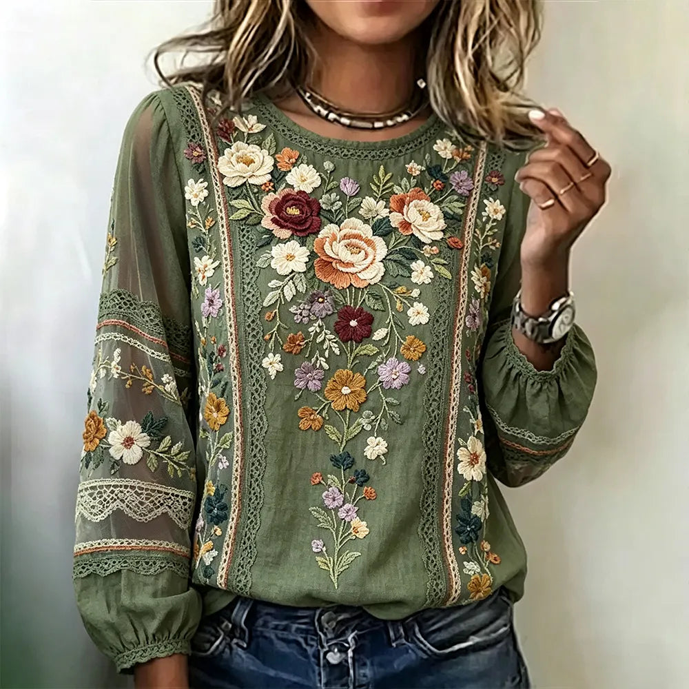 Vintage Colorful Floral And Lace Art Cotton Linen Round Neck Long Sleeve Top