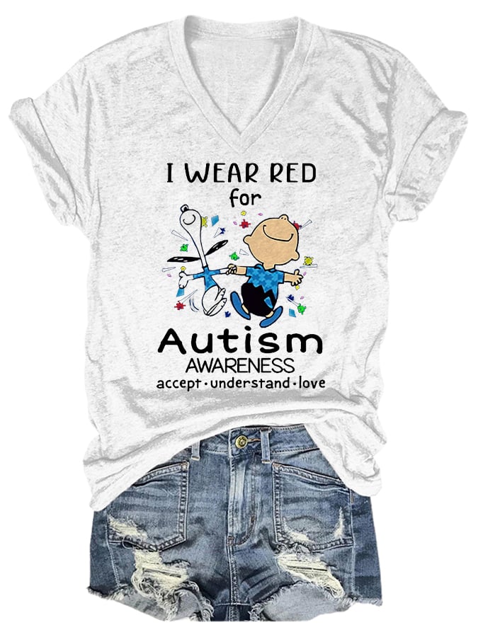 V-neck Autism Awareness I Wear Red For Autism Print T-Shirt