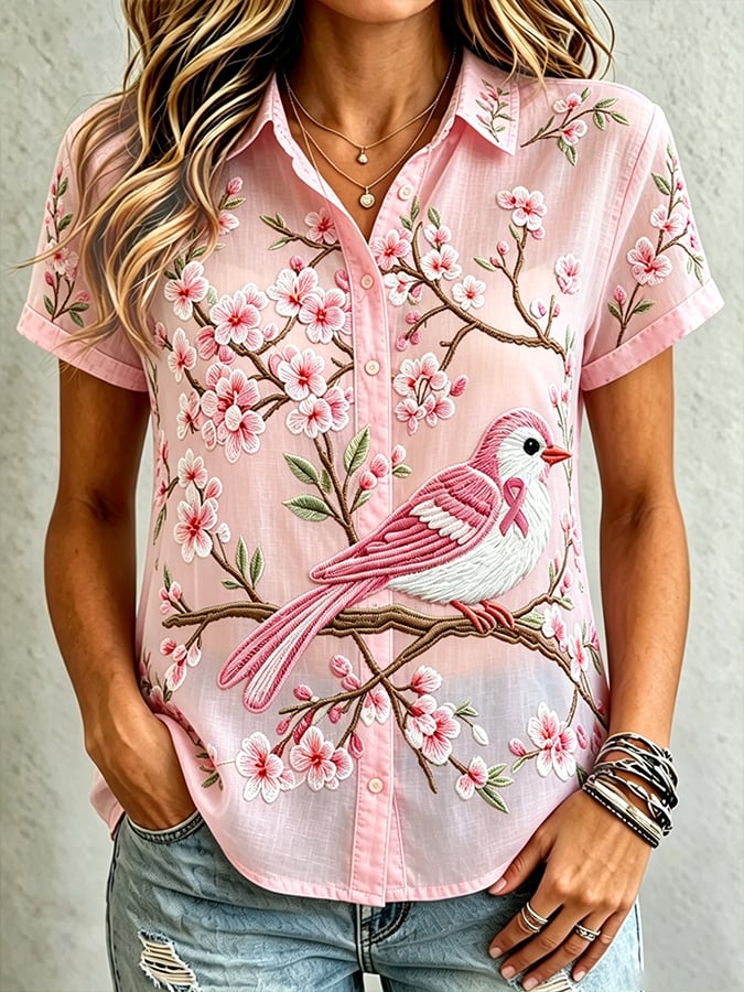 Women's Breast Cancer Flowers and Birds Linen And Cotton Shirt