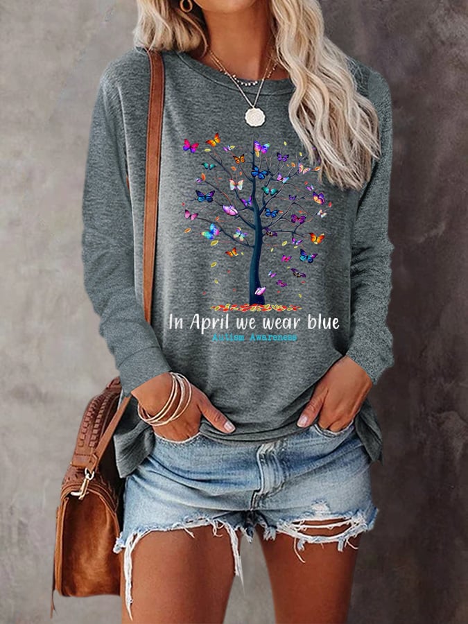 Butterfly Tree Autism Awareness In April We Wear Blue Long Sleeve Print T-Shirt