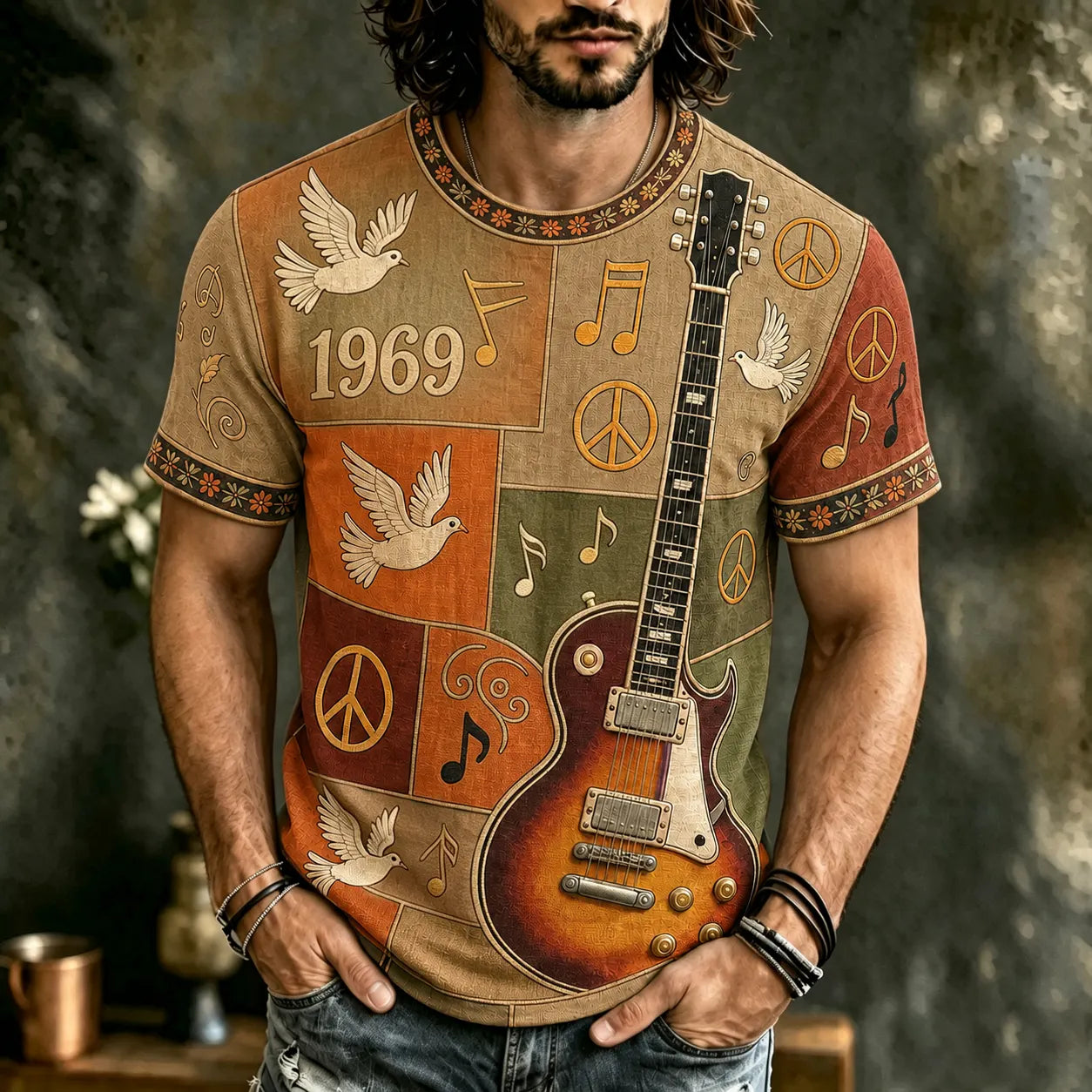 Men's Hippie Music Guitar Pattern Patchwork Print T-shirt