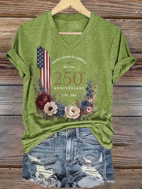 250th Anniversary 1776-2026 Pattern Print V Neck Casual T-Shirt