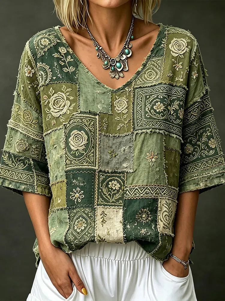 Women's Vintage Floral Art Patchwork Embroidery Linen Blend Comfortable V-neck Short Sleeve Top