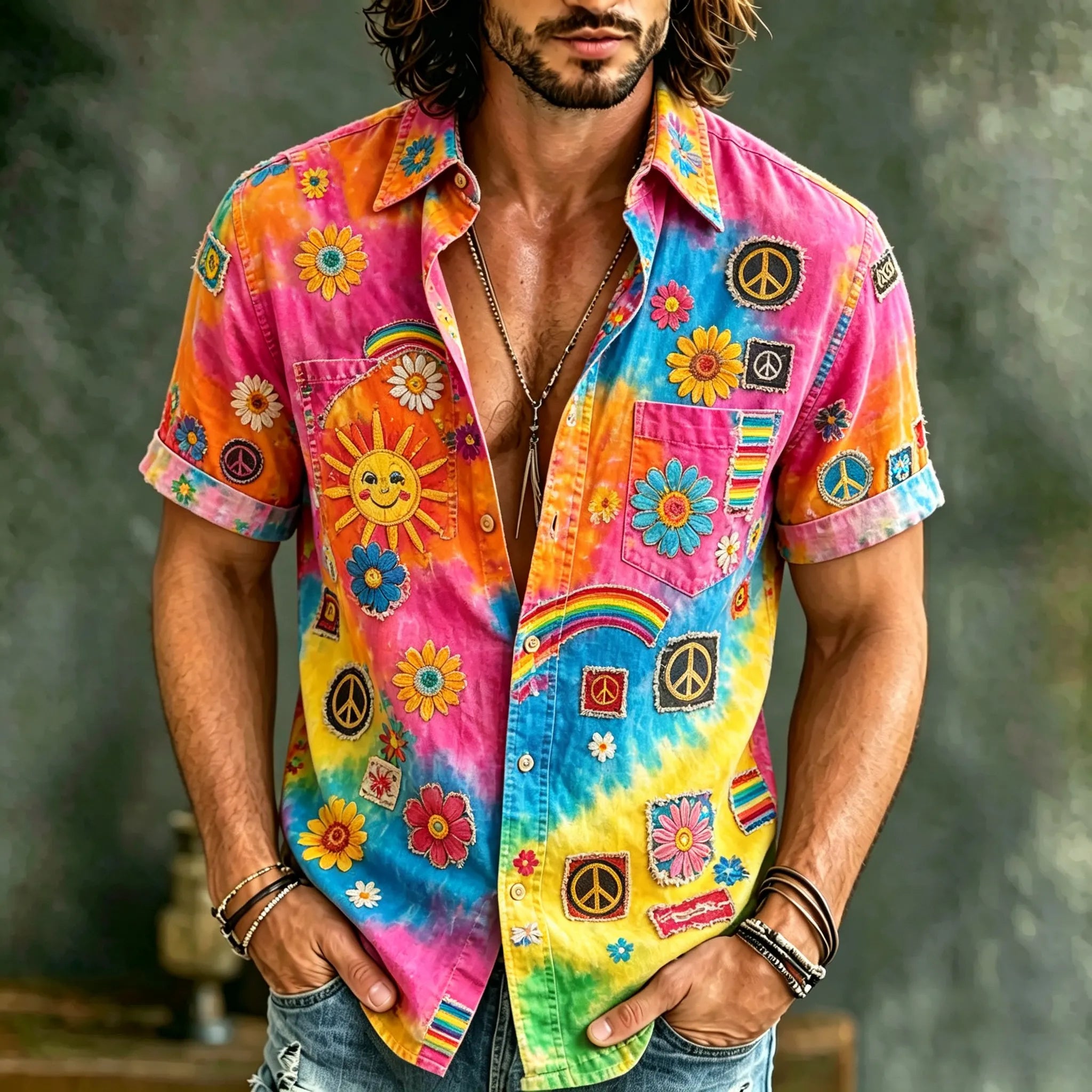 Men's Hippie Logo Floral Rainbow Design Short-sleeved Shirt