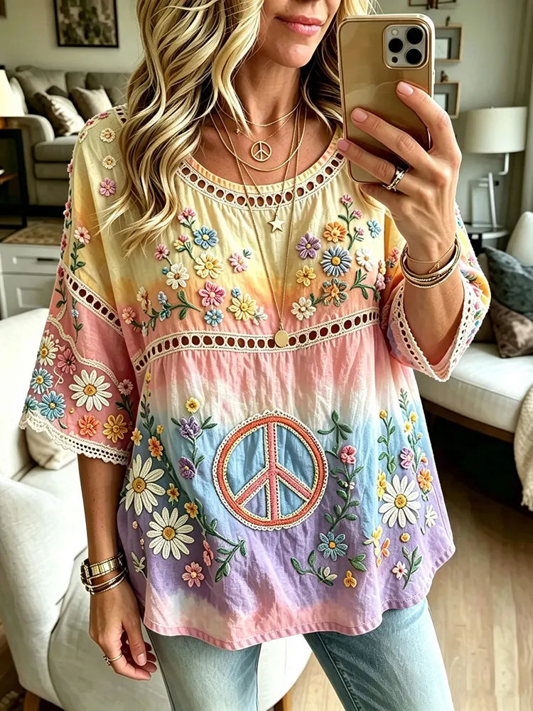 Women's Retro Peace Symbol Casual Crew Neck Cotton Linen T-shirt