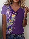 Women's Alzheimer's Purple Floral Print V-Neck T-Shirt
