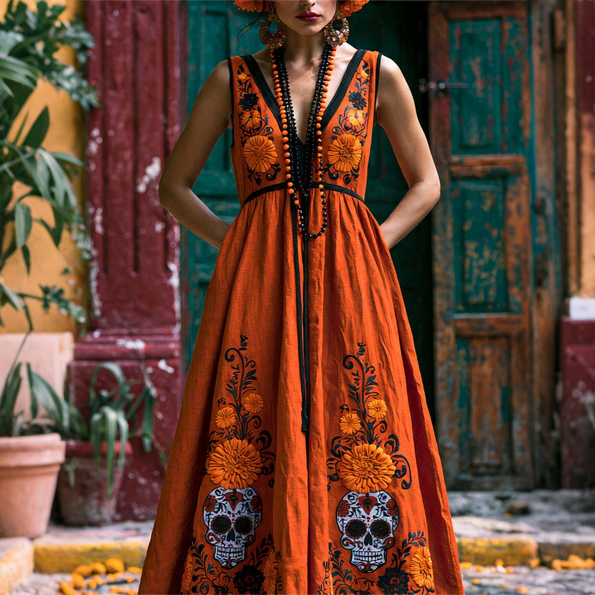 Women's Retro Floral Skull Design V-neck Linen Dress