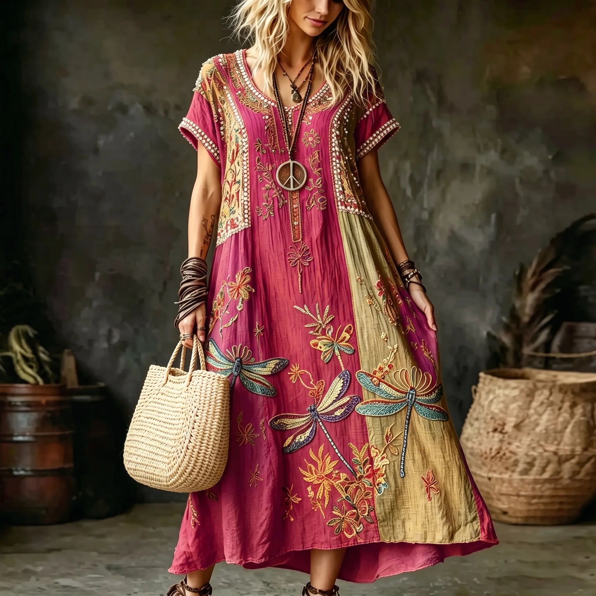 Women's Vintage Hippie Floral And Dragonfly In Patchwork Pattern Art Embroidered Linen Blend Maxi Dress
