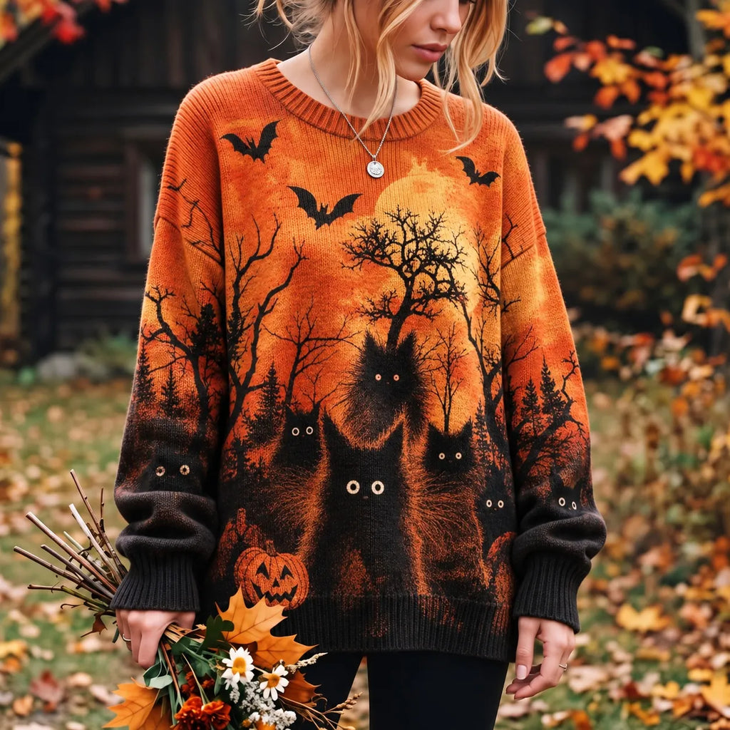 Women's Halloween Black Cat Print Knitted Comfort Round Neck Sweater