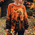 Women's Halloween Black Cat Print Knitted Comfort Round Neck Sweater