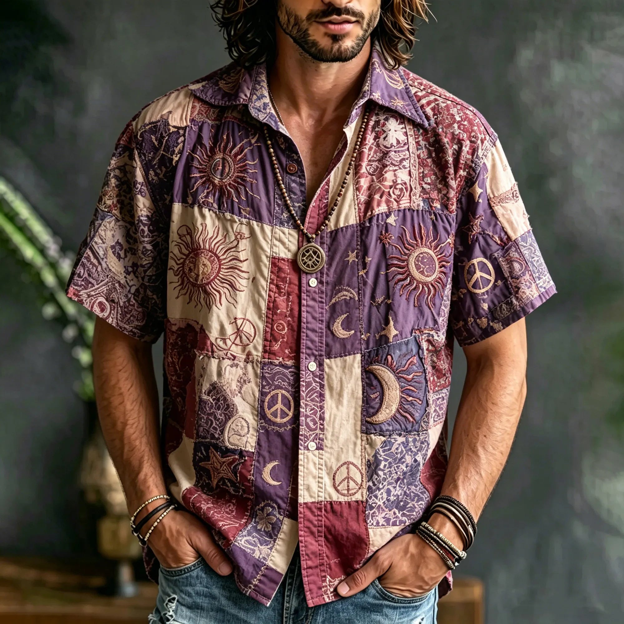 Vintage Boho Men Patchwork Sun Moon Star Peace Symbol Embroidery Distressed Color Block Hippie Short Sleeve Casual Top