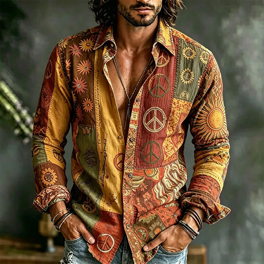 Men's Retro Hippie Peace Logo Color Block Print Casual Shirt