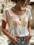 Women's Casual Retro Short-Sleeve Top with Floral Breast Cancer Awareness Print