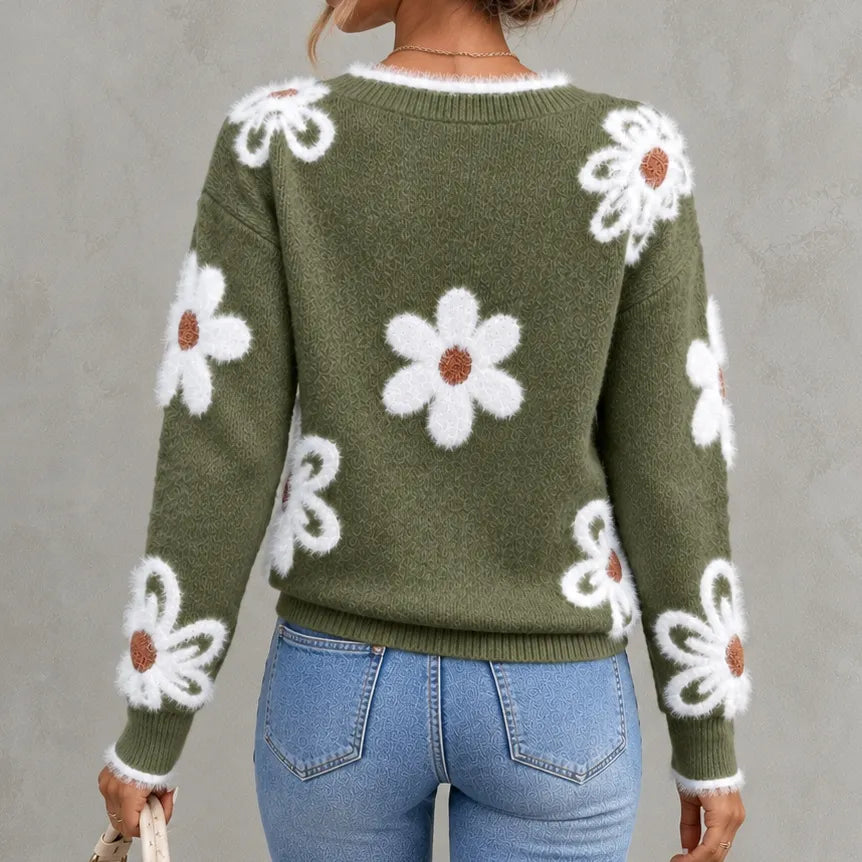 Elegant Floral Jacquard Knit V-neck Sweater