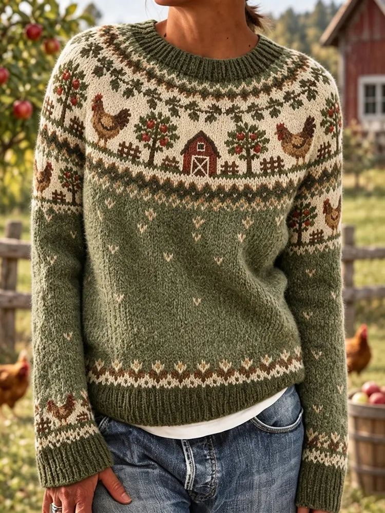 Women's Vintage Farm Animal Print Casual Crew-neck Knit Sweater