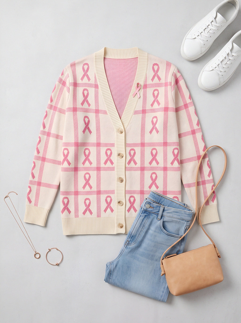 Women's Breast Cancer Awareness Pink Floral Patchwork Printed Cardigan