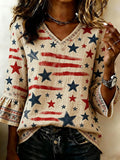 Women's Casual Patriotic Loose Cotton-Linen Shirt