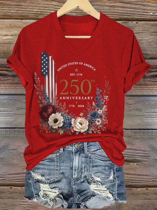 250th Anniversary 1776-2026 Pattern Print V Neck Casual T-Shirt