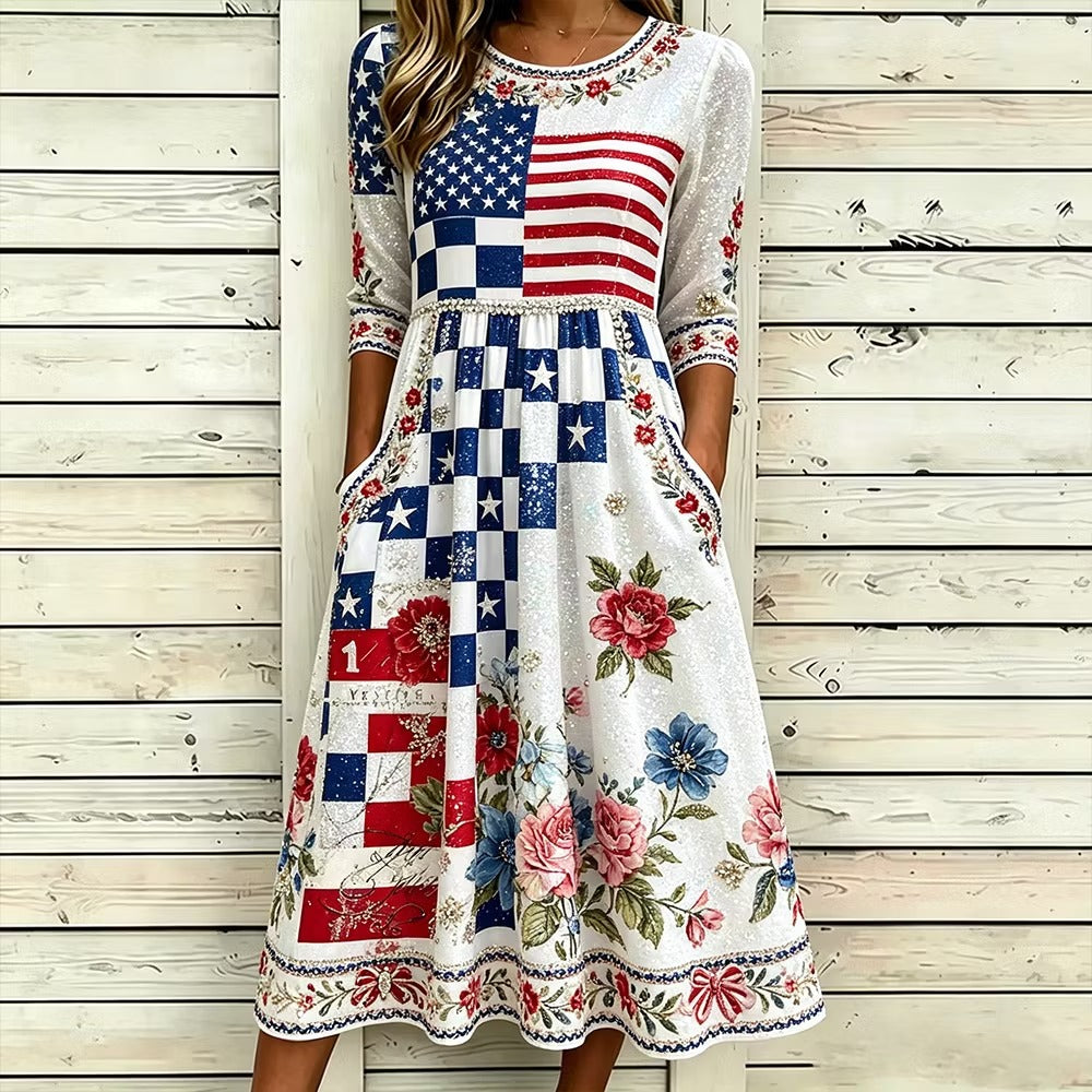 Retro Checkerboard American Flag Floral Dress