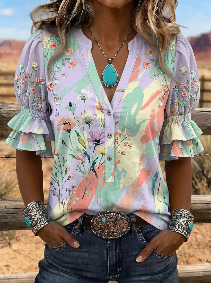 Women's Western Vintage Floral Watercolor Printed V-Neck Top