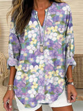 Women's Casual Purple Art Pansy Cotton and Linen Shirt