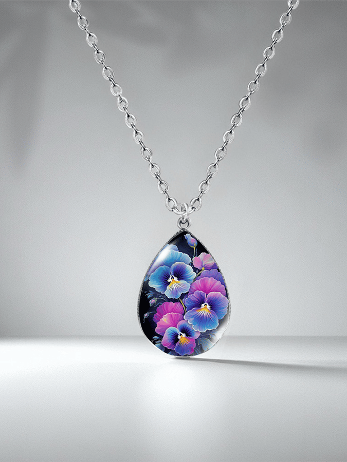 Purple Drop-Shaped Pansy Flower Design Necklace