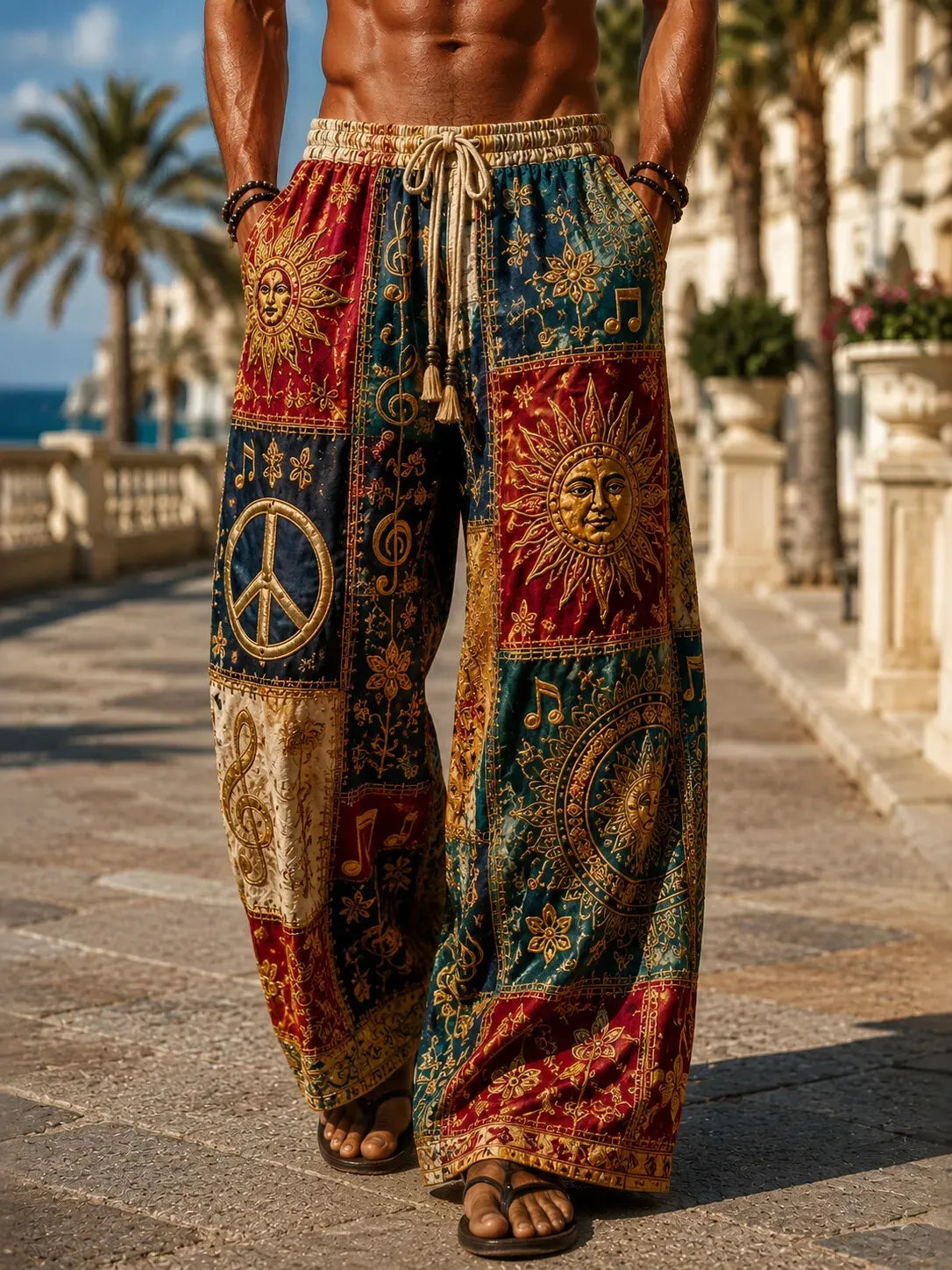 Men's Retro Casual Hippie Ethnic Patchwork Loose Cotton Linen Trousers