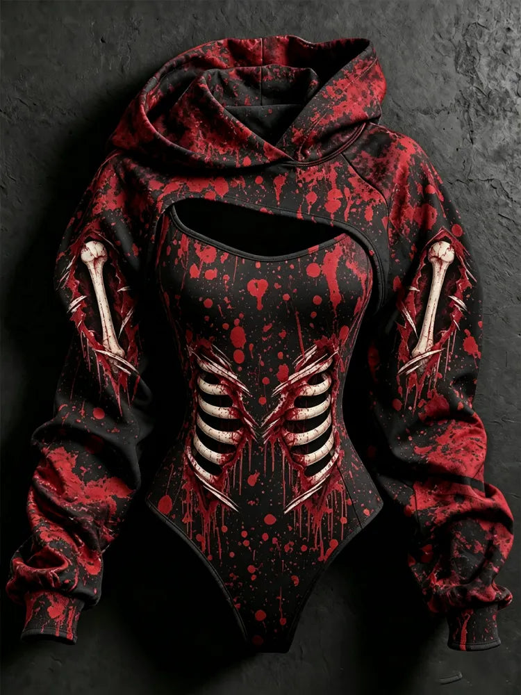 Women's Halloween Blood Stain And Skeleton Print Hoodie Two-piece Set