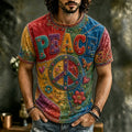 Men's Vintage Hippie Peace Flower Patchwork Art Crew Neck Short Sleeve T-shirt