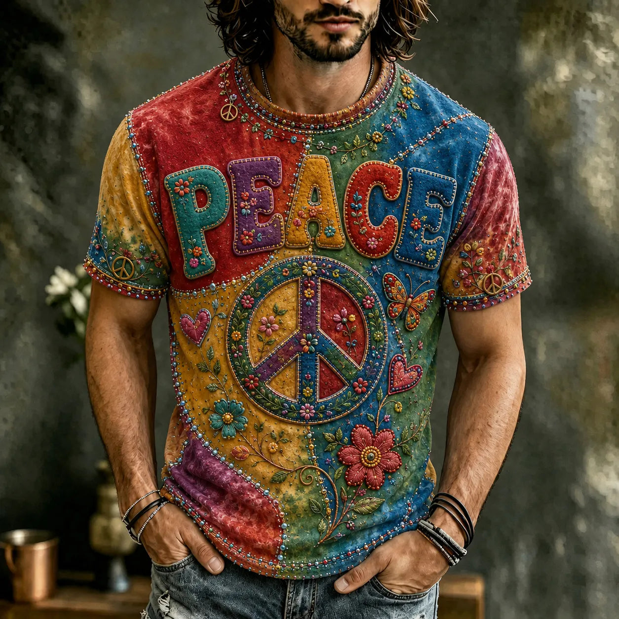 Men's Vintage Hippie Peace Flower Patchwork Art Crew Neck Short Sleeve T-shirt