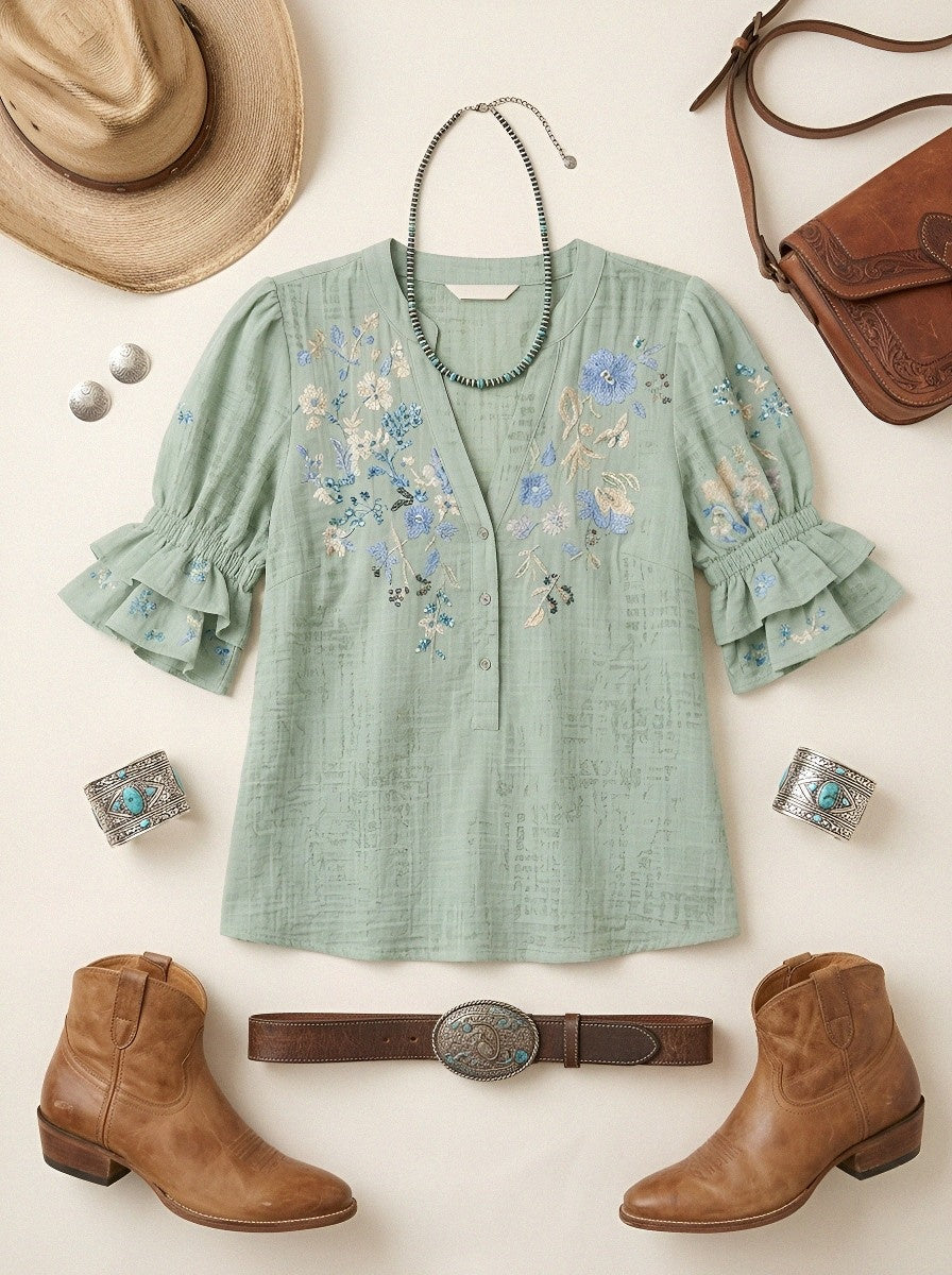 Women's Western Vintage Floral Embroidered Printed Top