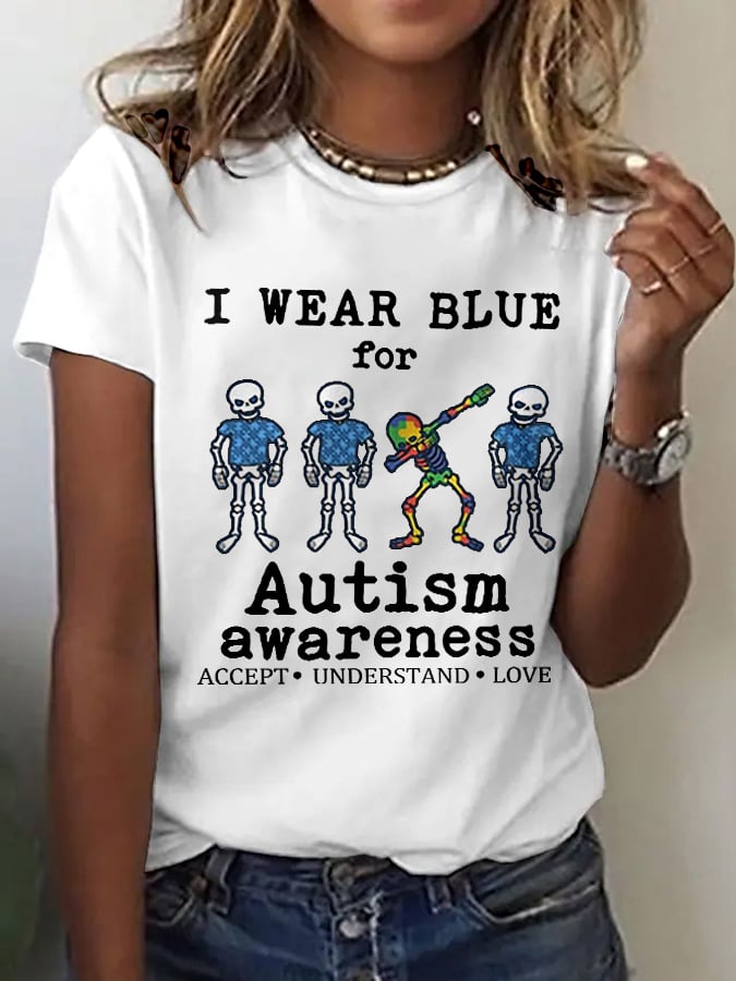 Women's Retro I Wear Blue For Autism Awareness Accept Understand Love Print T-Shirt