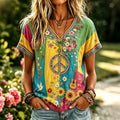 Women's Retro Hippie Floral Guitar Design Short-sleeve Cotton Linen T-shirt