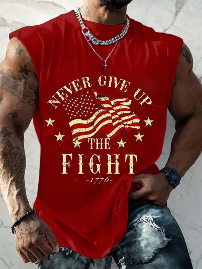 Men's Retro Never Give Up Fight 1776 Independence Day Patriotic Print Casual Tank Top