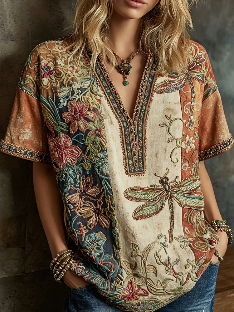 Women's Dragonfly And Floral In Patchwork Art Print V Neck Linen Blend Short Sleeve Tops