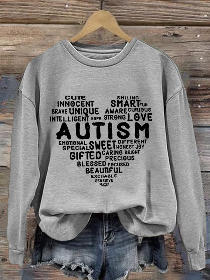 Women's Heart Love Sweet Smart Honest Autism Awareness Print Long Sleeve Sweatshirt