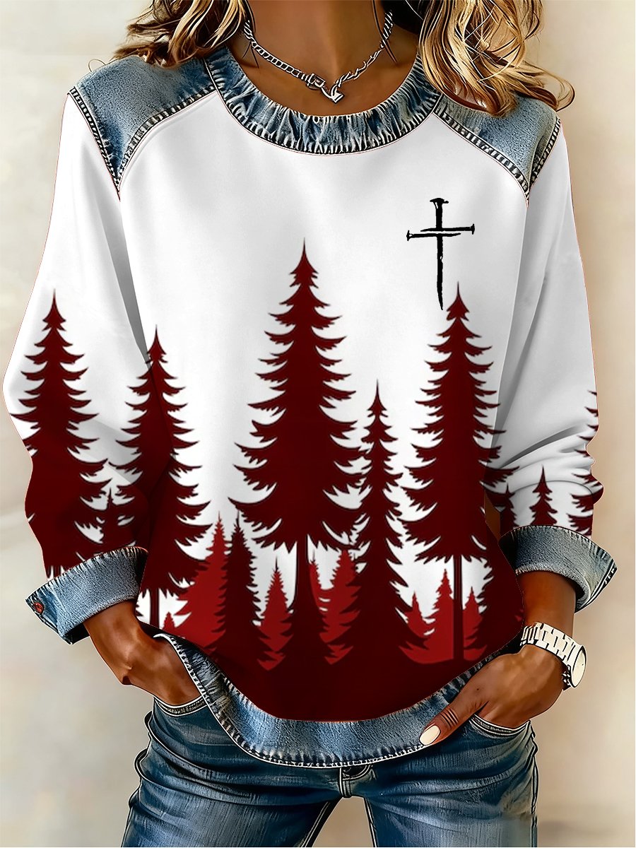 Women's Casual Retro Christmas Fleece-Lined Color-Blocked Sweatshirt