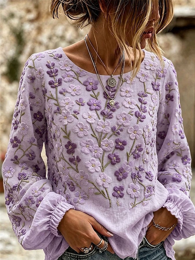 Women's Purple Floral Print Long-Sleeve Top