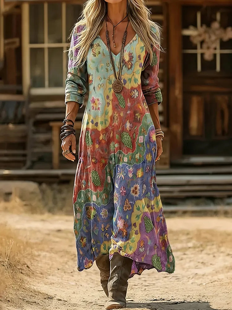 Vintage  Ethnic Floral Art Pattern Linen Blend  V-neck Loose Long Sleeve Midi Dress