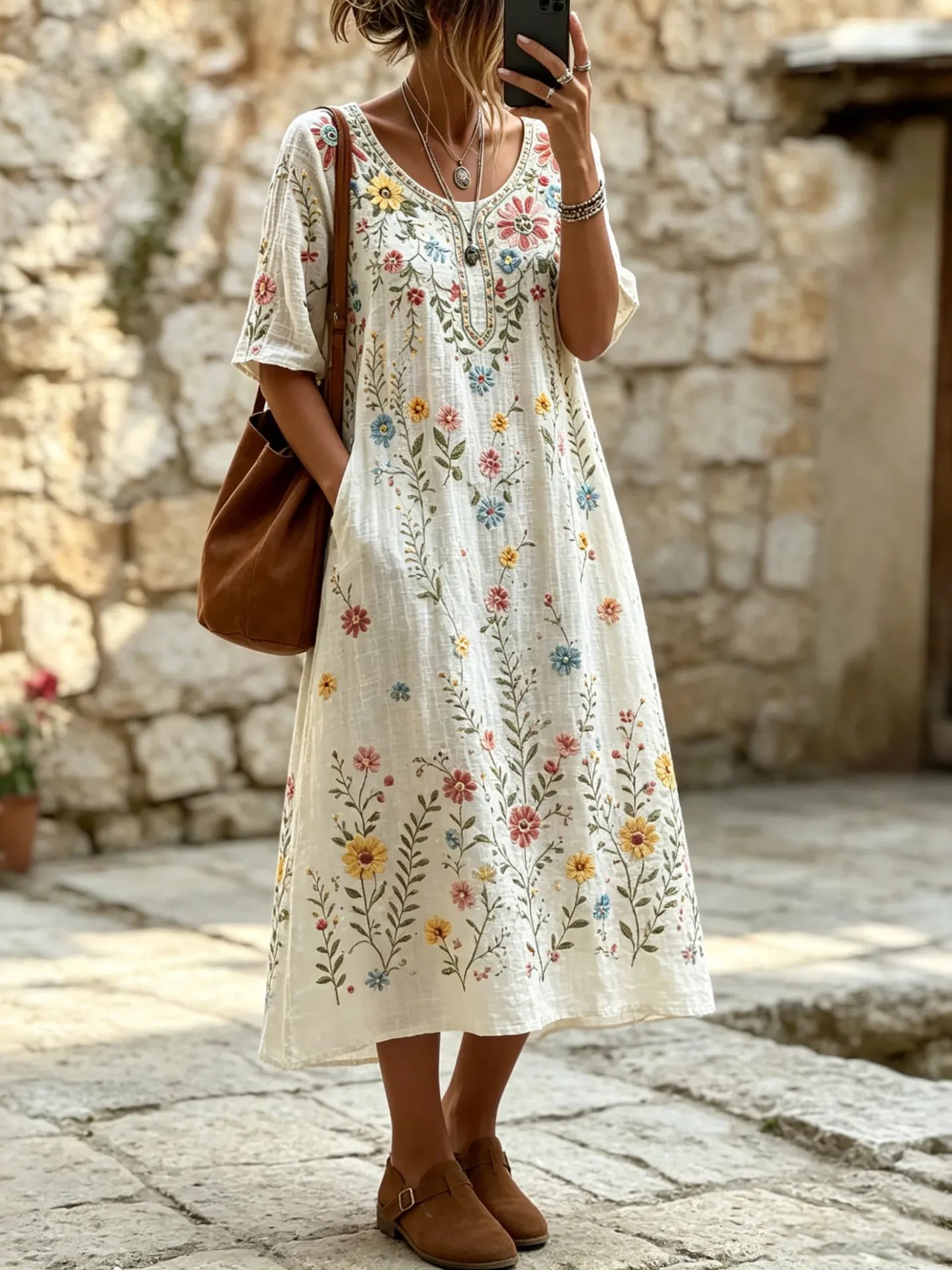 Women's Vintage Hippie Floral And Dragonfly In Patchwork Pattern Art Embroidered Linen Blend V Neck Mid-length Sleeve Dress