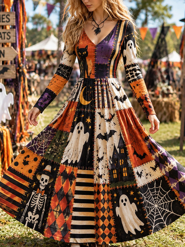 Women's Halloween Element Print Patchwork Casual V-neck Long Sleeve Dress